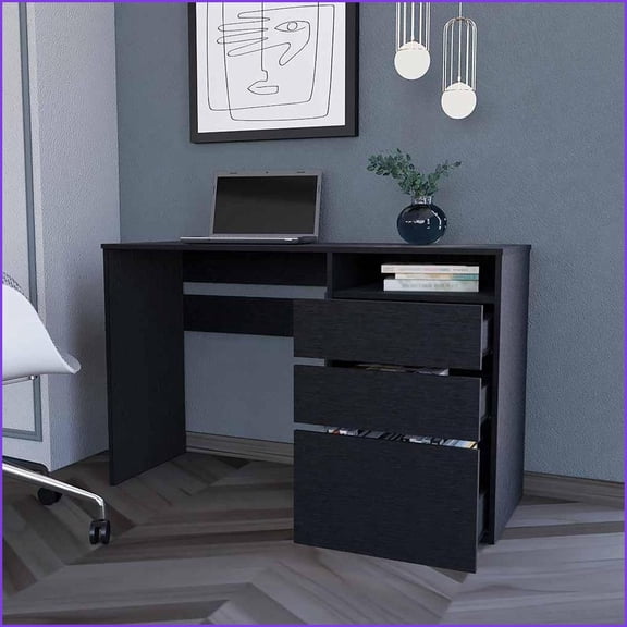 Desks, 47.44” Wide Computer Desk with 3 Drawers & Shelf, Black Wengue Finish | Black | Particle Board