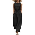 thumbnail image 2 of Mifsaly Women Two Piece Outfits Sets Summer Sleeveless Crewneck Tie Waist Tank Top and Wide Leg Pants with Pockets Elegant Solid Business Casual Vacation Matching Clothes Black,XXL, 2 of 6