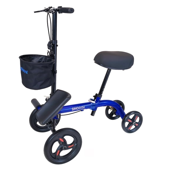 Tuffcare Smooth Seated Knee Scooter, Slow Propelled Steerable Mobility Knee Walker Crutches, Wheelchair Alternative with Dual Brakes, Fits Height of 5’2”-6’3” (Solid Rubber Tires, Cobalt Blue)