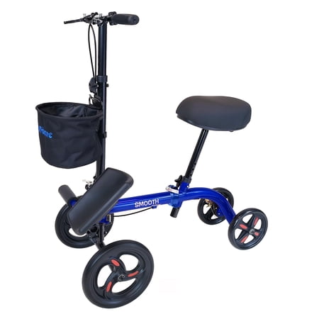 Tuffcare Smooth Seated Knee Scooter, Slow Propelled Steerable Mobility Knee Walker Crutches, Wheelchair Alternative with Dual Brakes, Fits Height of 5’2”-6’3” (Solid Rubber Tires, Cobalt Blue)