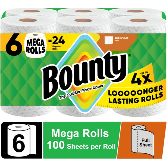 Bounty Paper Towels Full Sheet White, 6 Mega Rolls, 100 Sheets Per Roll