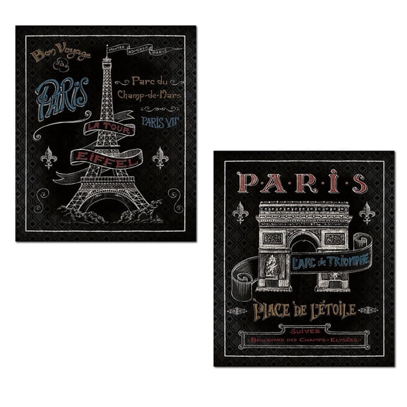 Beautiful Paris France Landmarks Arc Du Triomphe and Eiffel Tower on Black by Daphne Brissonnet; Two 11X14 Paper Posters