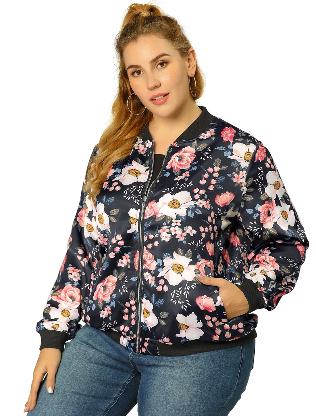 Women's Plus Size Zipper Jacket Long Sleeves Floral Bomber Jackets ...