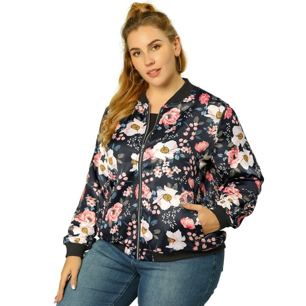 Agnes Orinda Women's Plus Size Floral Long Sleeves Bomber Jackets 