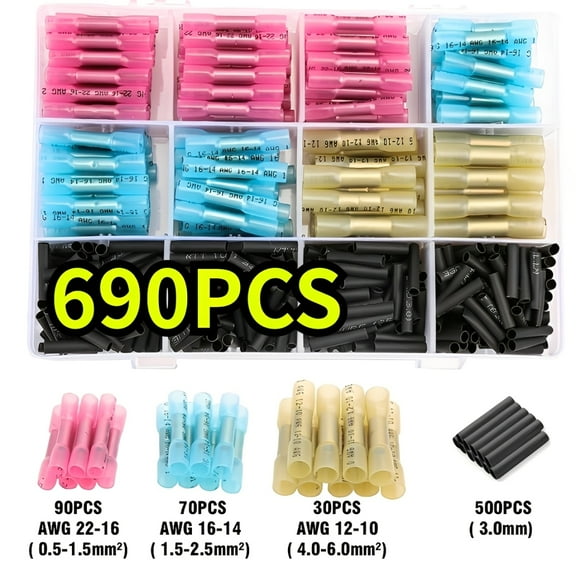690pcs Heat Shrink Butt Wire Connectors Waterproof Insulated Automobile Wire Cable Crimp Terminals