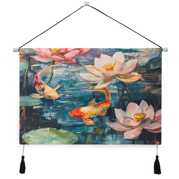 WOBOGO Goldfish in The Lotus Pond Living Room Canvas Wall Art Bedroom Study Framed Canvas Print Artwork Home Office Decorations 24.5×16.7in