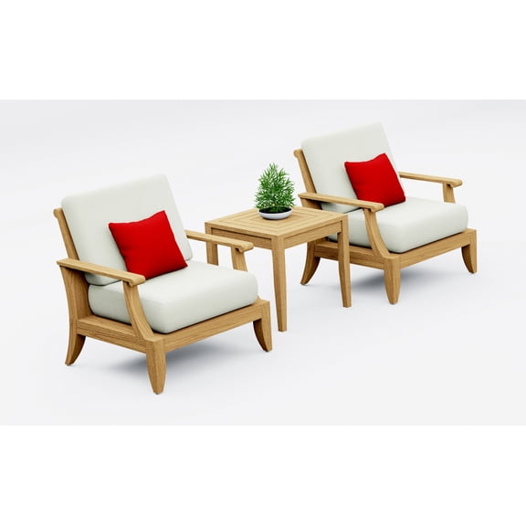 Lagos Teak Wood 3 Pc Lounge Chair Set: 2 Lounge Chairs & Square Side Table With Cushions in Outdoor Sunbrella Fabric #5404 Canvas Natural