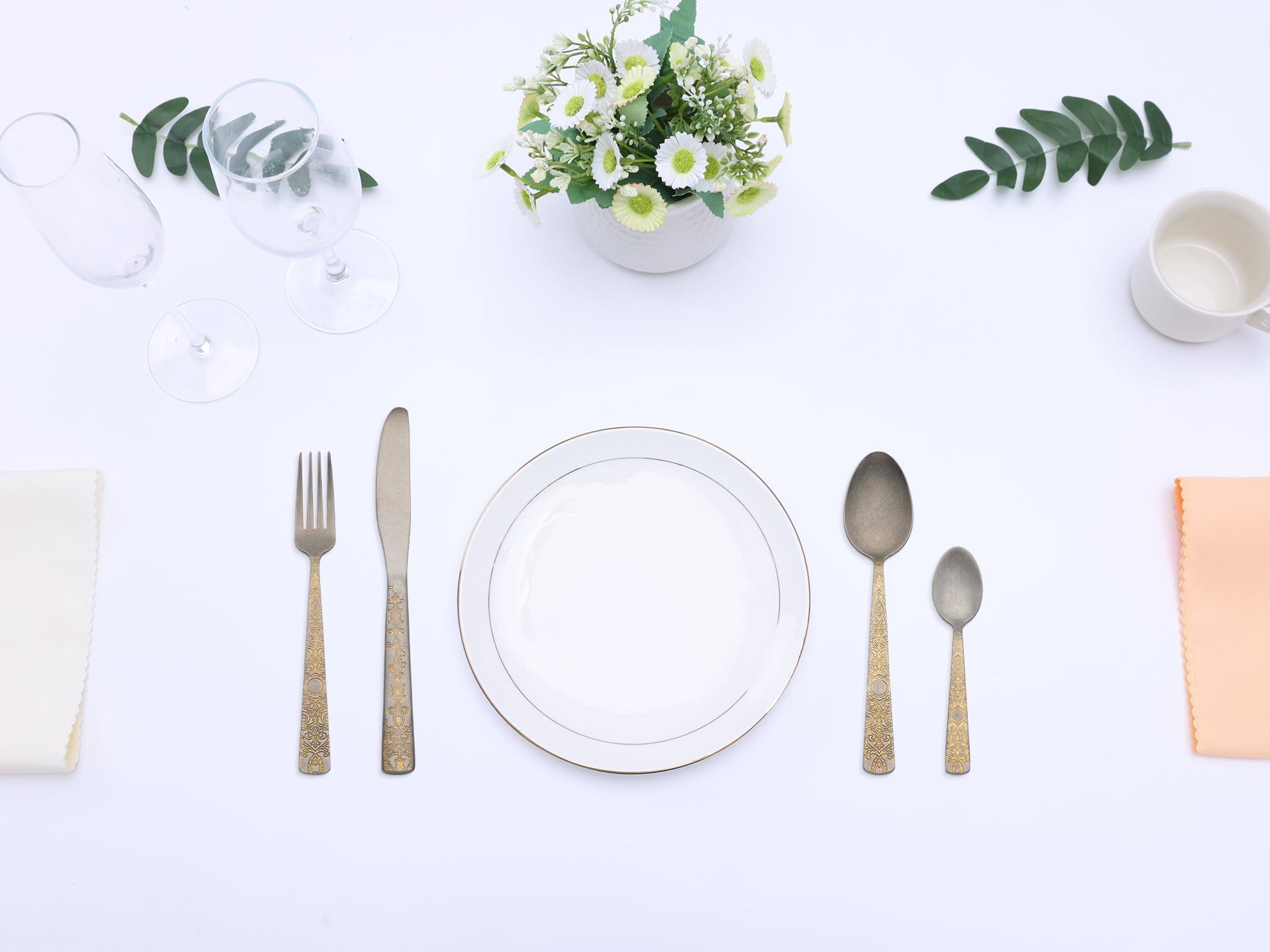 Unique Bargains Stainless Steel Floral Flatware Set for Many Occasions Retro Gold 4pcs