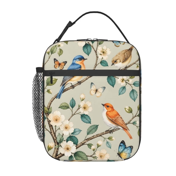 Floral Bird Lunch Bag Reusable Thermal Lunch Tote with Handle for Women and Men