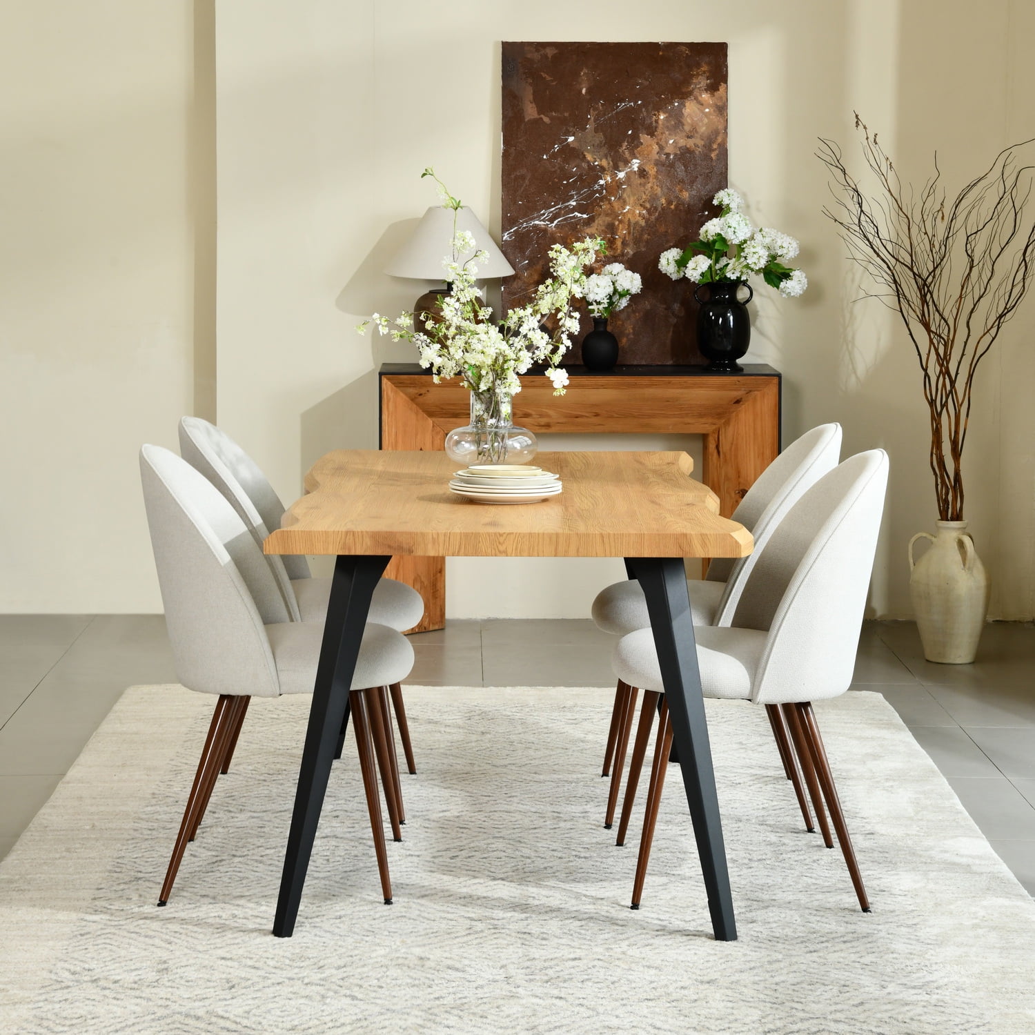Homy Casa 5-Piece Dining Set, Natural Wooden Kitchen Table with 4 Upholstered High-Back Beige Fabric Dining Chairs, Contemporary Live Edge Design