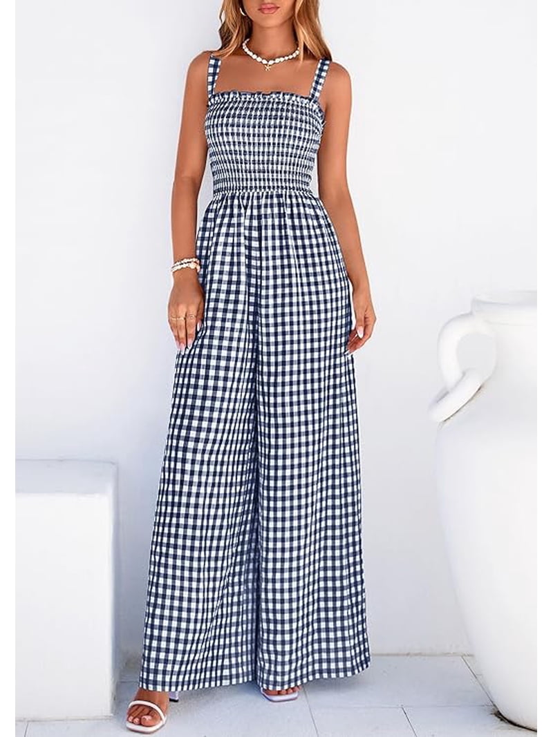 one piece dress for date night Prettygarden One Piece Jumpsuits for Women Summer Sleeveless Smocked Gingham Wide Leg Date Night Rompers Spring Outfits, Women's, Size: 2XL, Blue