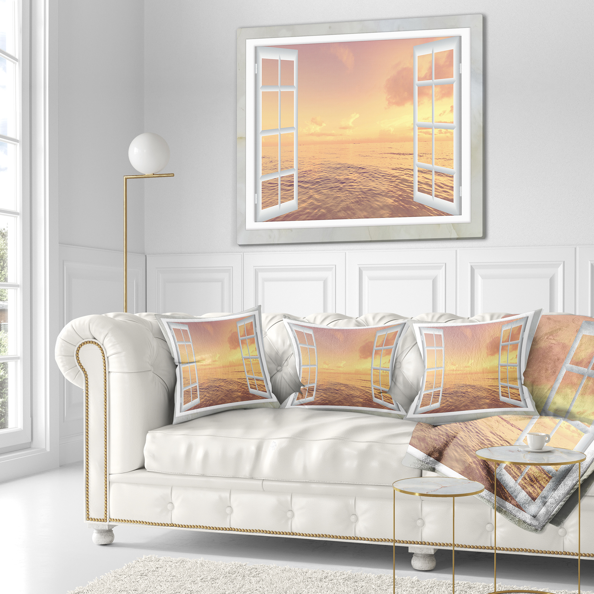 Designart Open Window to Brown Seashore - Seashore Throw Pillow - 18x18