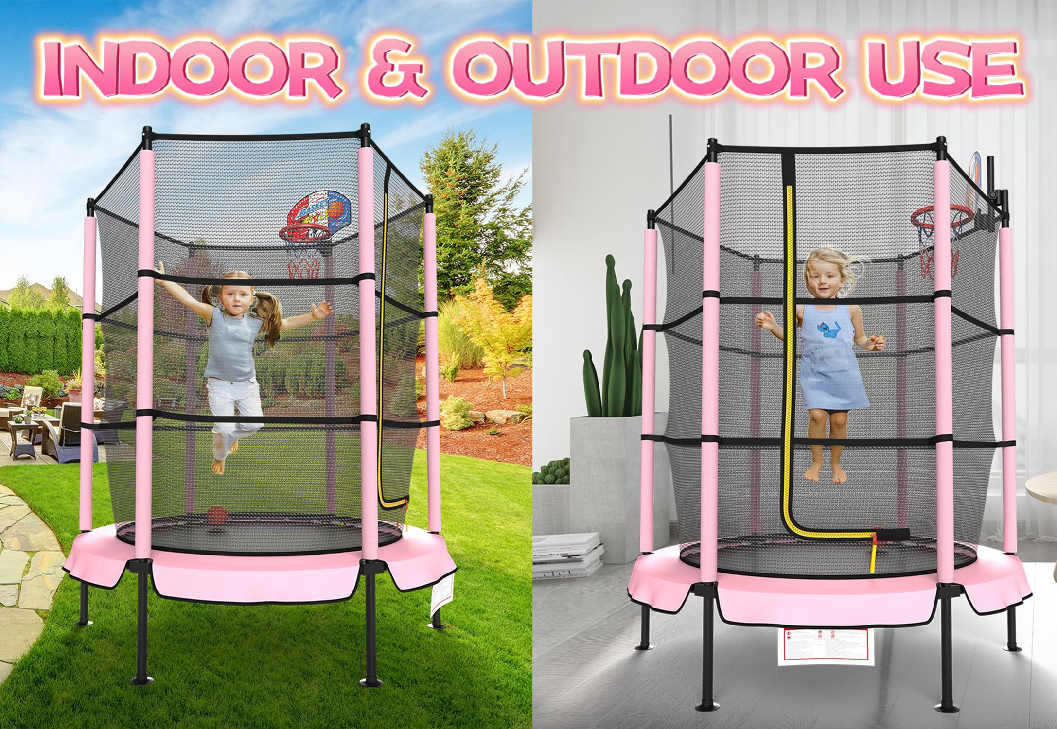 LANGXUN 60" Pink Trampoline for Kids with Basketball Hoop, 5ft Indoor Outdoor Toddler Mini Trampoline with Raised Safety Net - Birthday Gifts for Boys and Girls, Christmas Toys for 3-10 Years Old