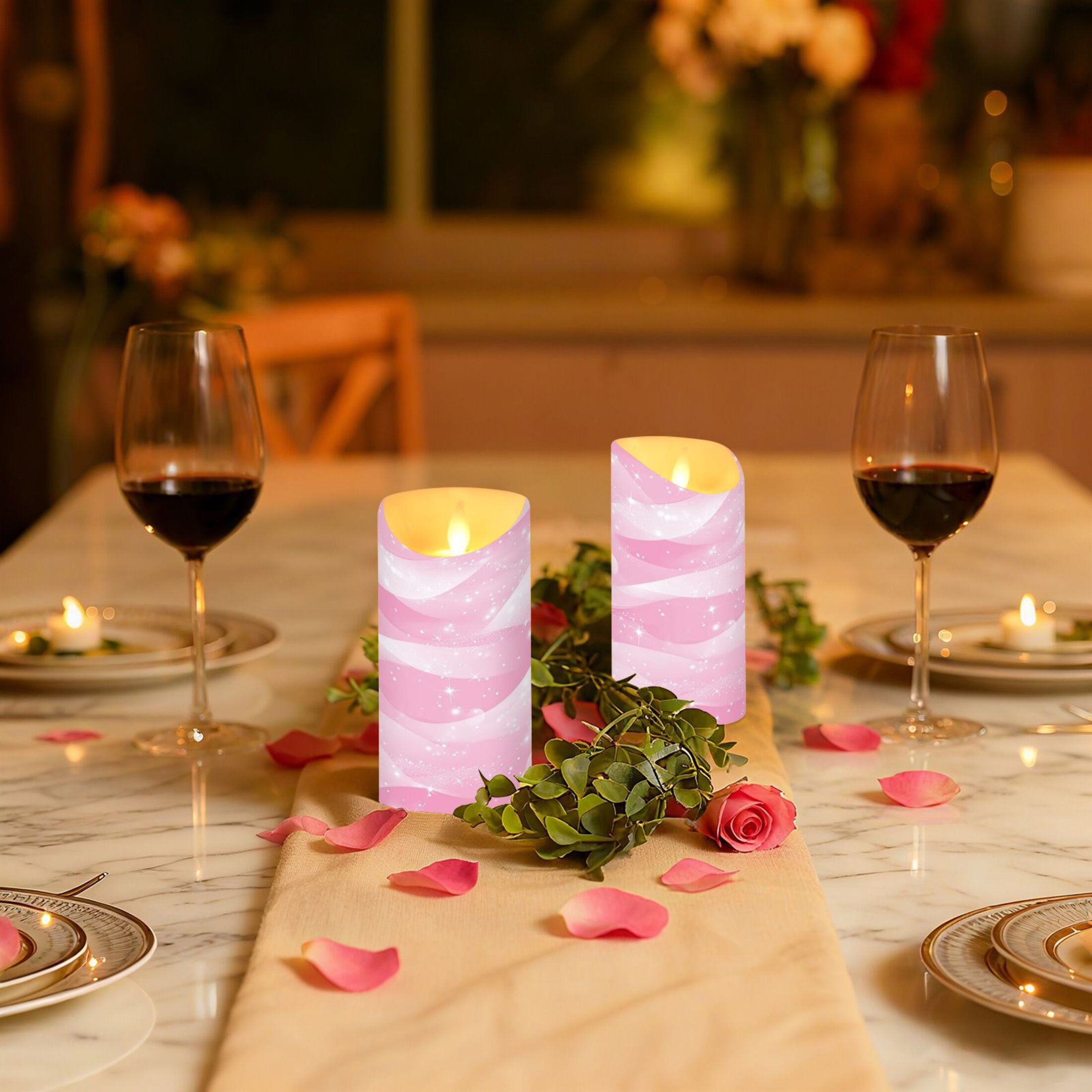 2 PCS Tilted Flameless Candles Flickering LED Lights Battery Operated Candles with Remote Timers for Holiday Decor Pink Stars and Waves
