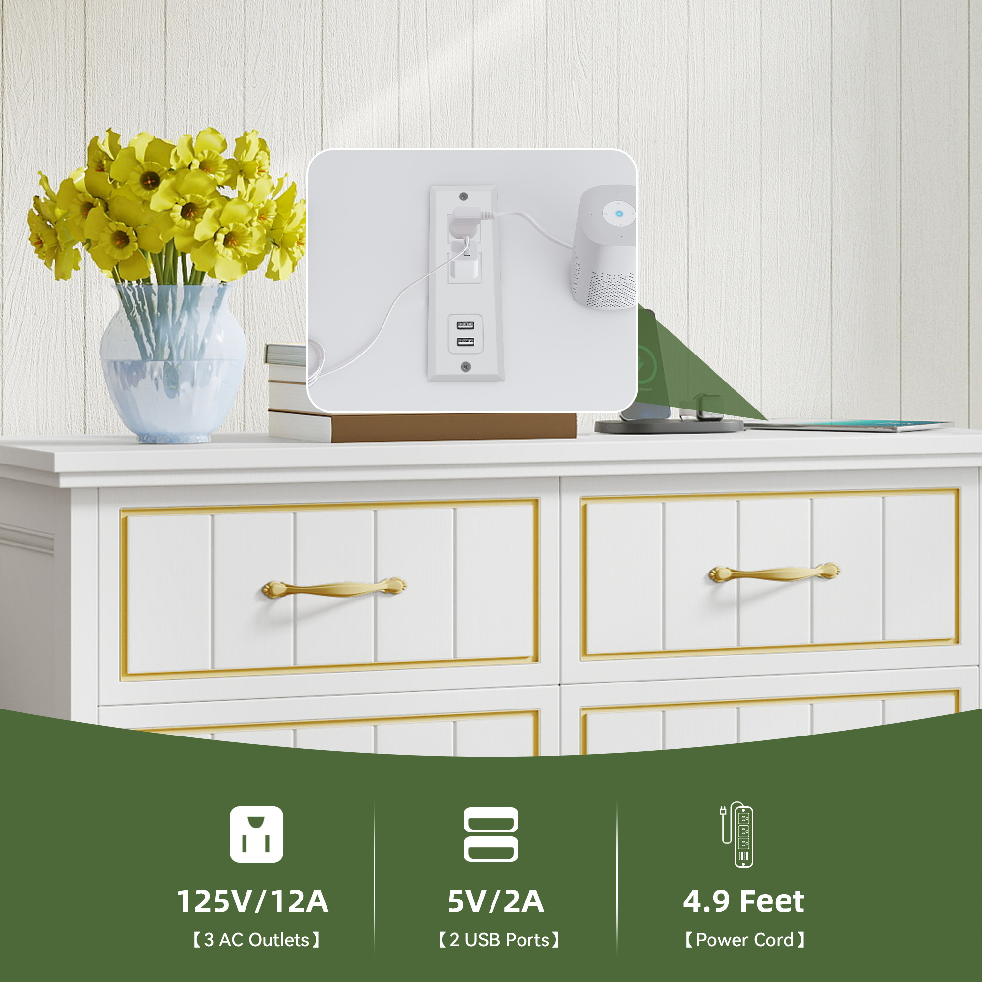 Uforic 6-Drawer Dresser with Power Strip, Gold Strips & Metal Handles, Storage Chest, White