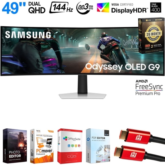 Samsung 49" Odyssey G9 Dual QD-OLED G91SD Curved Ultrawide Gaming Monitor Bundle with Tech Smart USA Elite Suite 18, 2X 4K HDMI Cable & Deco Gear CPS 26 Month Protection Pack (BEACH-CPS-26M1500)