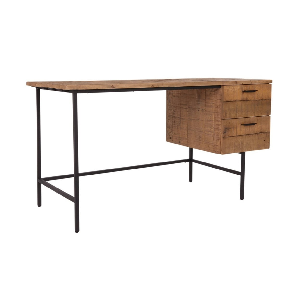 Lyla 55 Inch Reclaimed Pine Wood Desk, 2 Drawer, Rustic, Black, Brown