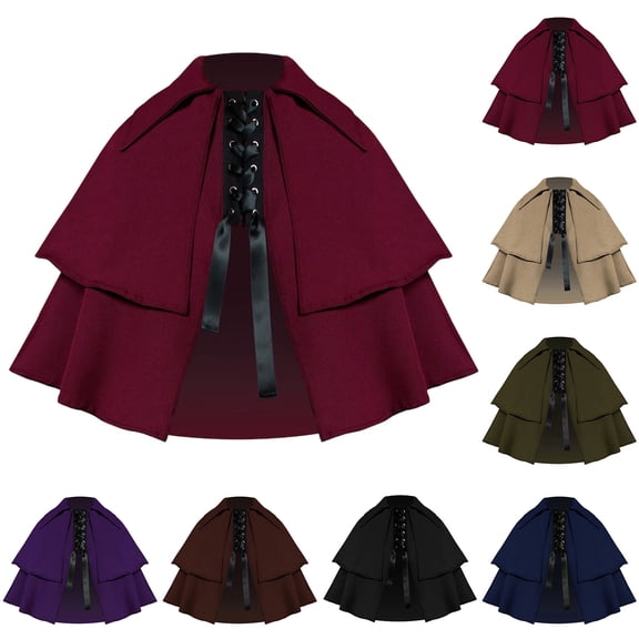 YTCAMLO Two Tier Flared Hem Lace Up Front Shoulder Cloak, Medieval Vintage Short Cape Poncho, Soft Comfort Cape Wraps
