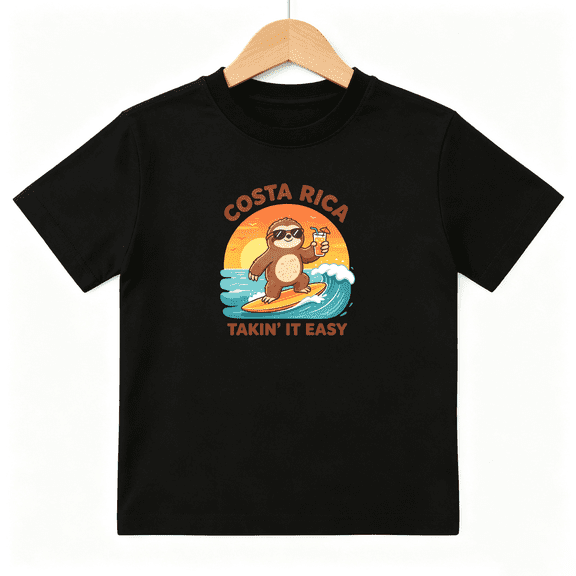 Costa Rica Sloth Surfing Ocean Waves Boys Graphic Tees Summer Kids T-Shirt 100% Cotton Short Sleeve Tops Ages 4-13Y
