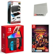 Nintendo Switch OLED Console Neon Red & Blue with Minecraft Dungeons Hero Edition, Accessory Starter Kit and Screen Cleaning Cloth Bundle