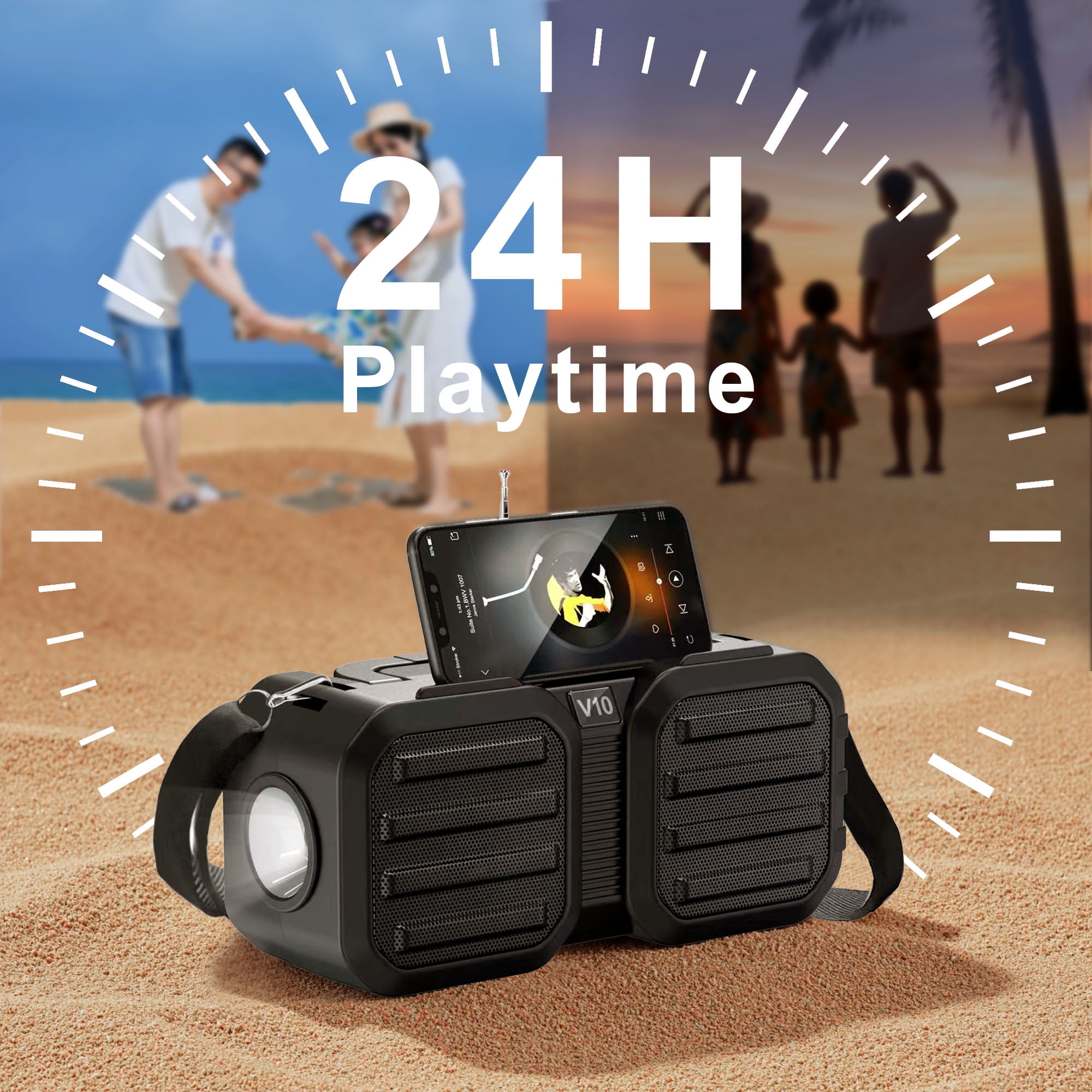 MiracDan Outdoor Speaker 80W Subwoofer Solar Charging With flashlight 24H Playtime IPX7 Waterproof Bluetooth 5.3 Portable for Camping Beach Black