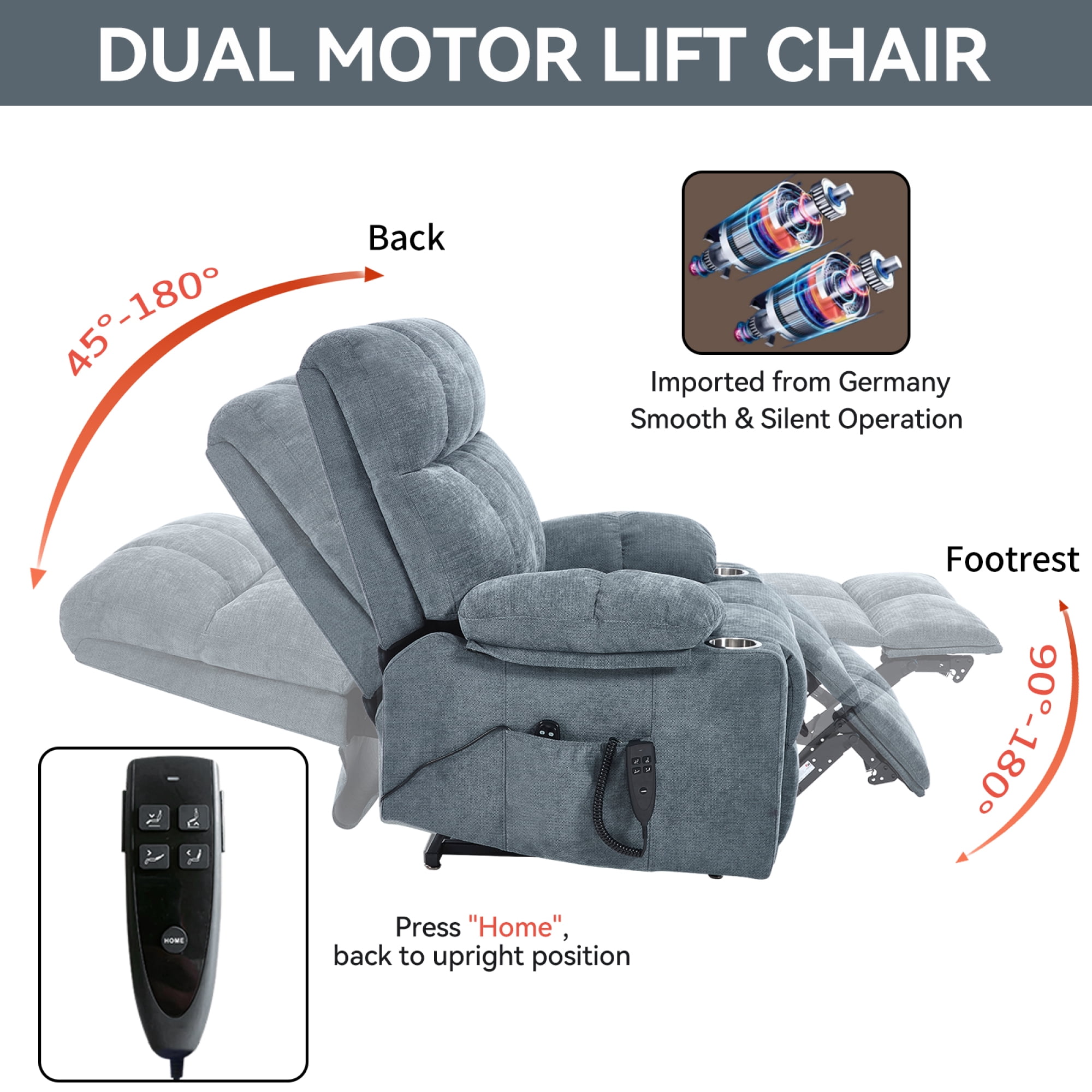 Leumius Power Lift Recliner Chair for Elderly,Heavy Duty Recliner with 8-Point Vibration Massage and Lumbar Heating,Infinite Position,Up to 350 LBS,Gray-Blue