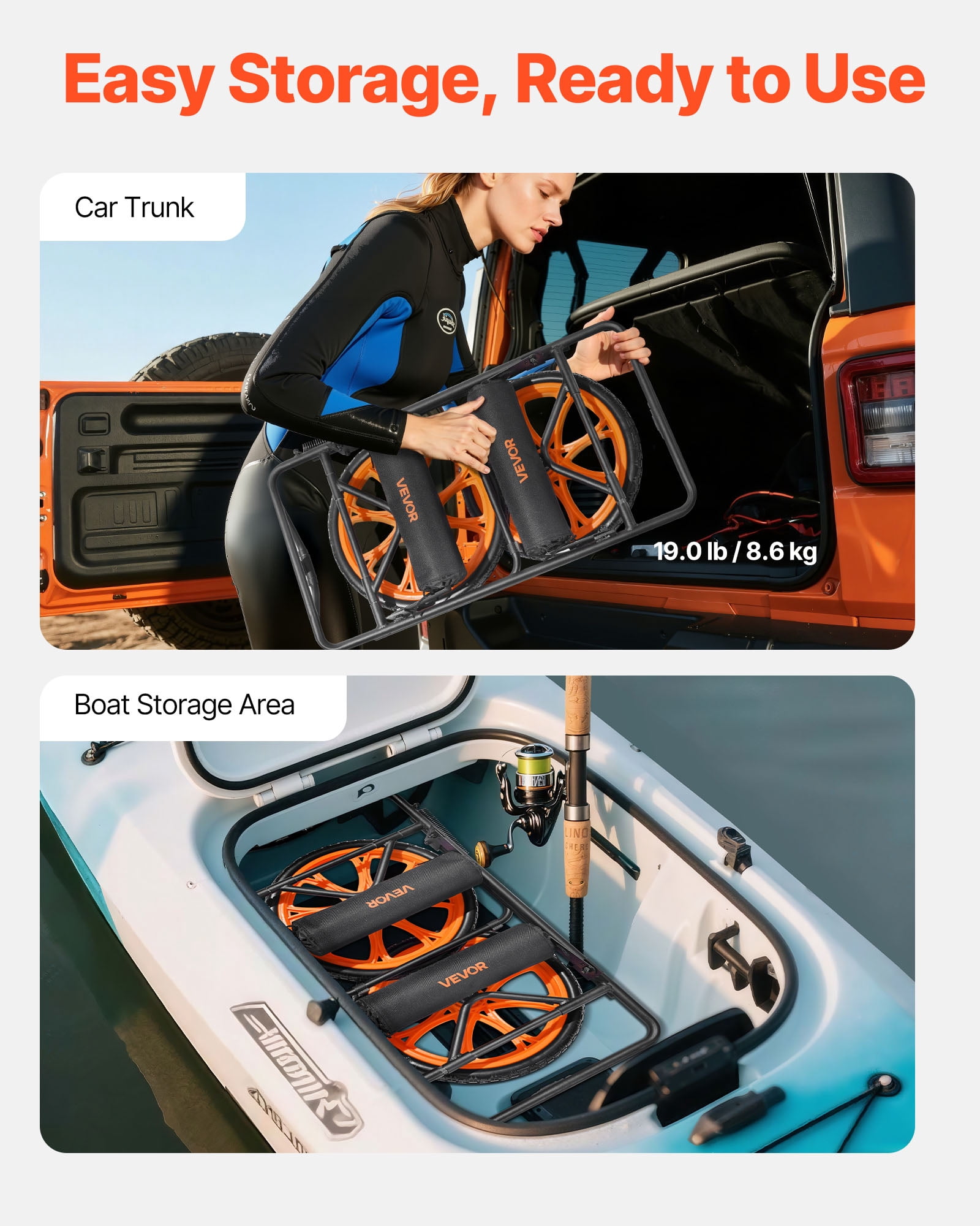 VEVOR Kayak Cart, 330 lbs Load Capacity, Canoe Cart Dolly with 15-inch Solid Rubber Tires & Kickstand, Assembles & Disassembles Within Seconds, Paddle Board Trolley for Kayaks, Canoes, Paddleboards