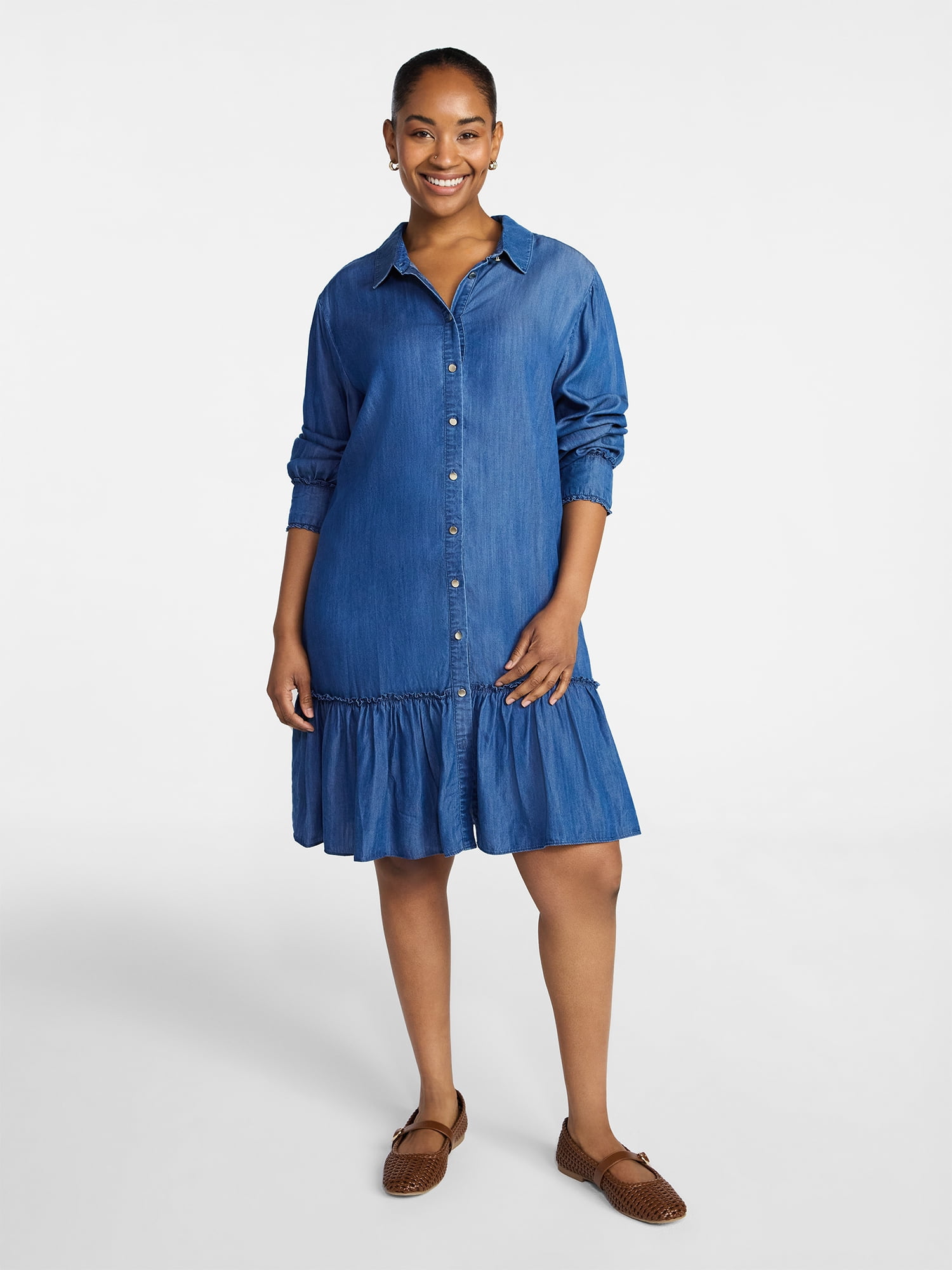 Time and Tru Women's Ruffle Trim Mini Shirtdress with Long Sleeves, Sizes XS-XXXL