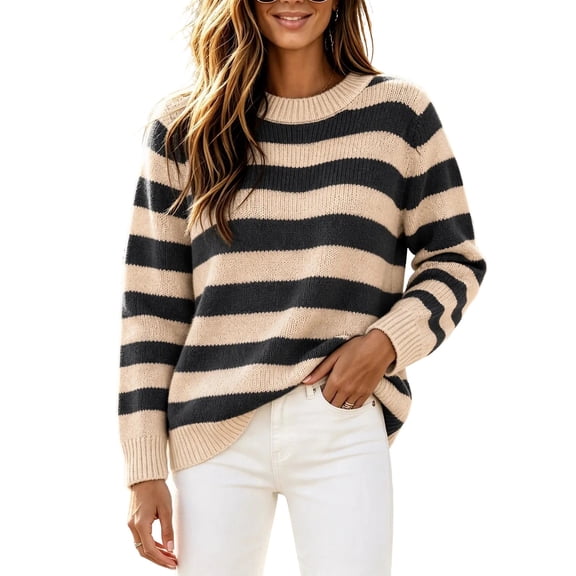 Fesfesfes Women's Striped Color Block Knit Sweater Round Neck Long Sleeve Soft Warm Cozy Lightweight Casual Pullover Top for Fall Winter Daily Wear