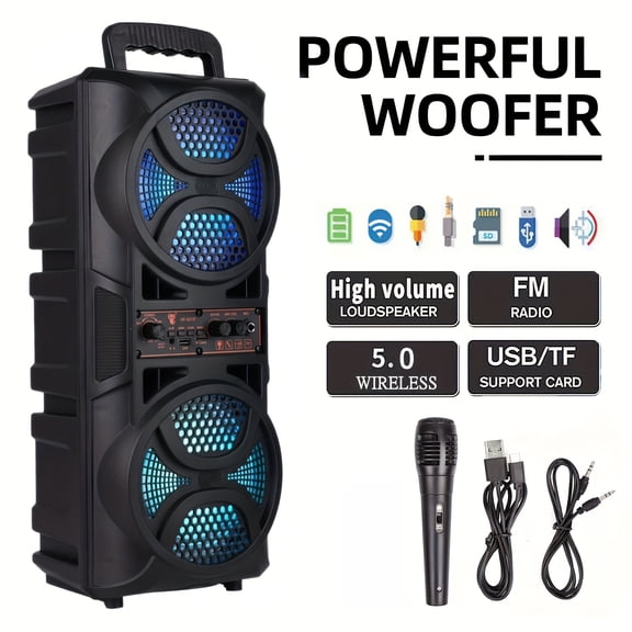 [Wireless Heavy Bass Speaker] 33ft Wireless Portable Speaker - Double 6.5'' Subwoofer Heavy Bass, LED Colorful Lights, Stereo Sound, FM Radio, For Home, Party, Travel