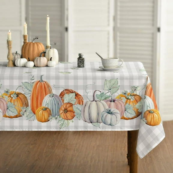 Fall Tablecloth 60x84 Inch Rectangular, Thanksgiving Autumn Harvest Watercolor Pumpkins Blue Buffalo Plaid Table Cover for Party Picnic Dinner Decor