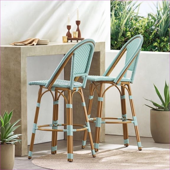 Outdoor Barstools | Set of 2 29.5" French Style Aluminum PE Rattan Stools for Patio, Bamboo Finish | Teal Blue | Wicker