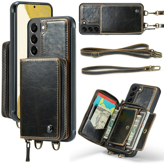 SaniMore for Samsung Galaxy S22 Plus 6.6" 2022 Case, [Crossbody/Wrist Strap][Zipper Flip Wallet][Card Slots][Rifid Layer] PU Leather Retro 360°Protective Shockproof Cover For Galaxy S22 Plus, Coffee