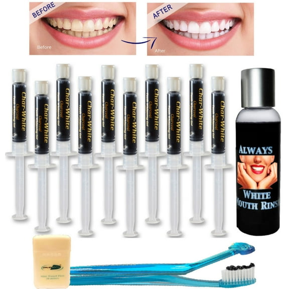 Natural Teeth Whitening Premium Kit -Activated Charcoal Gel ( Qty 10 )   Mouth Rinse   Soft Toothbrush - Made in Usa