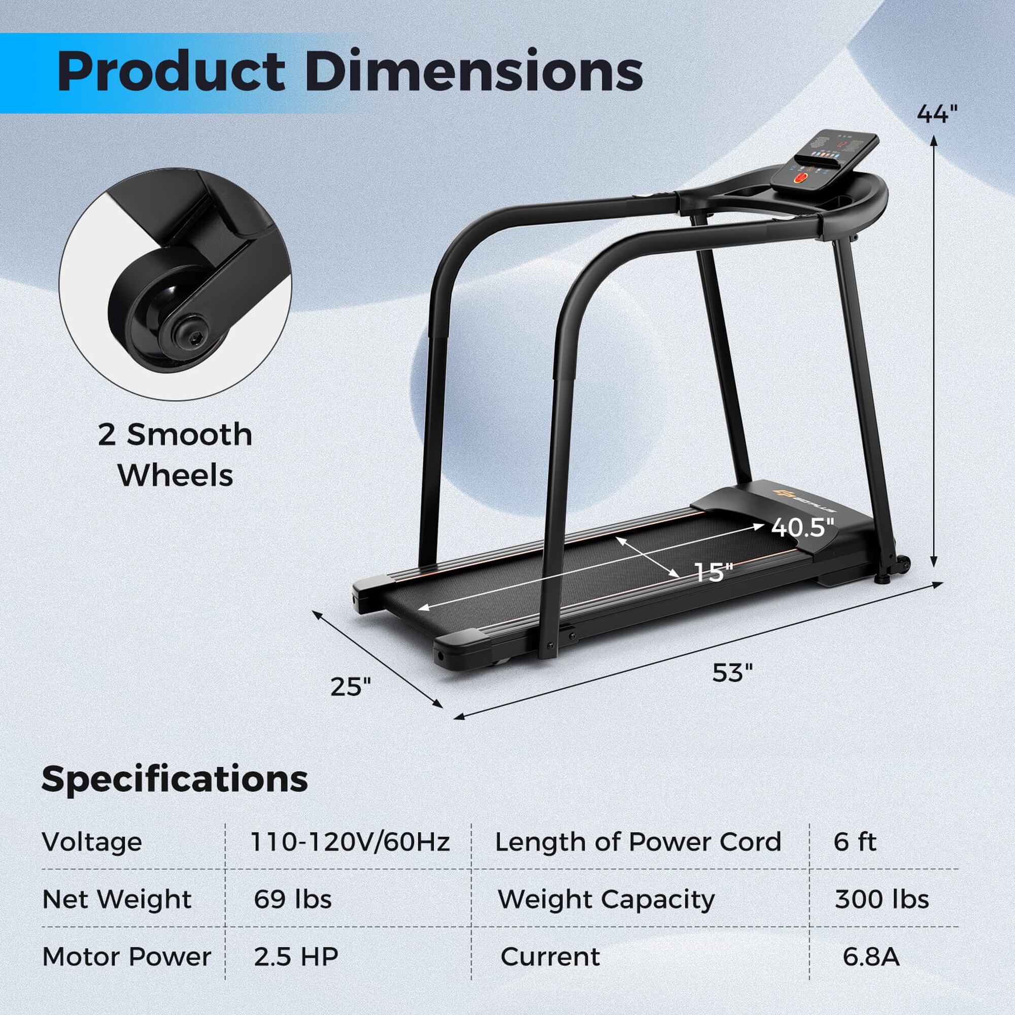 Costway 2.5 HP Walking Treadmill with  Long Handrails for Seniors Pulse Sensors LED Display