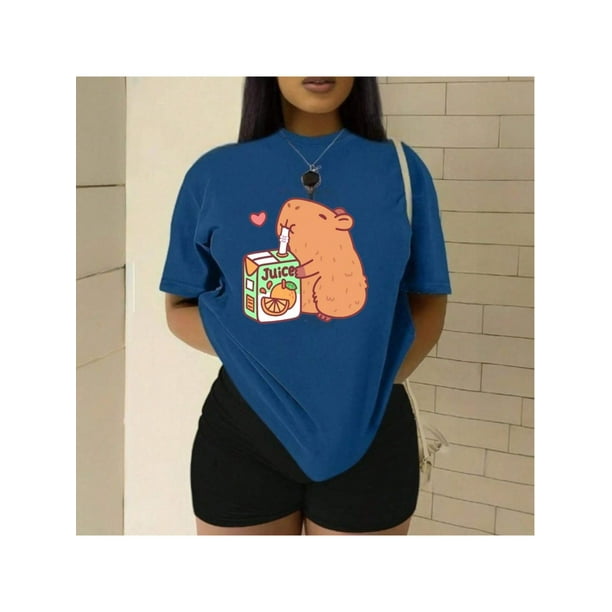 Playera Blusa Divertida De Capybara Tomando Jugo Ropa De Mujer Capibara Color Azul Talla Mediana Marca Emil SaEs