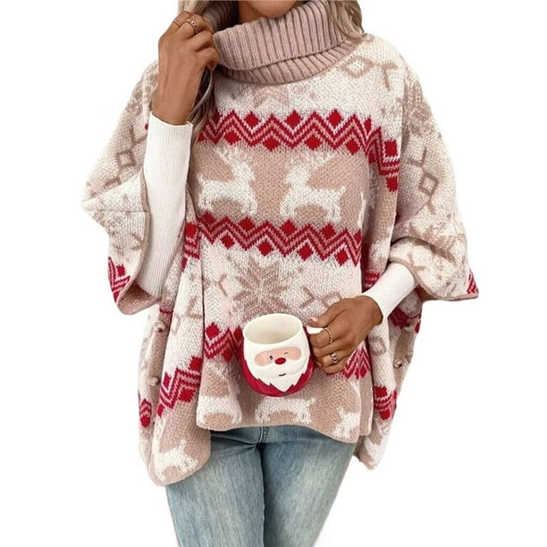 Suéter Navideño para Mujer, Poncho de Punto Holgado de Larga con Estampado de Copos de Nieve y de Murciélago. Rosa M
