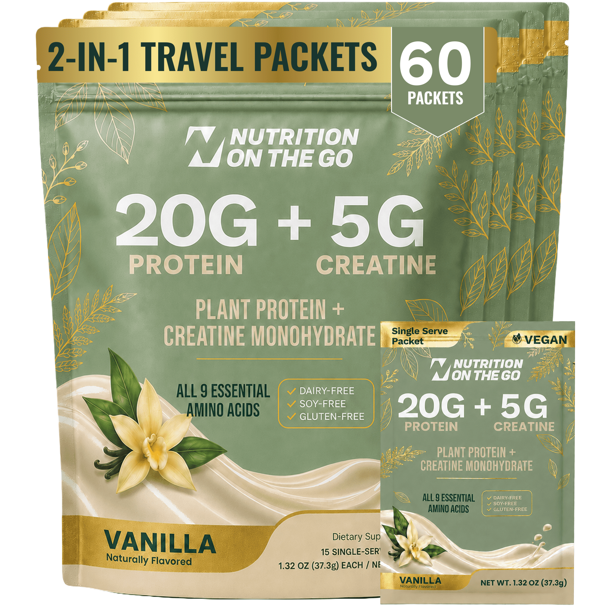 Nutrition On The Go Vegan Protein + Creatine Travel Packets, Vanilla, 60 Count