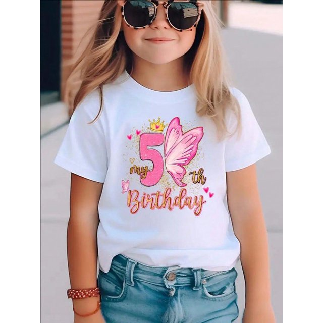 Camiseta de niña con estampado de corona y mariposa "Mi 5.º cumpleaños". Camiseta de algodón con cuello redondo para niña. Estampado geométrico, tejido de punto transpirable, corte regular, top infor