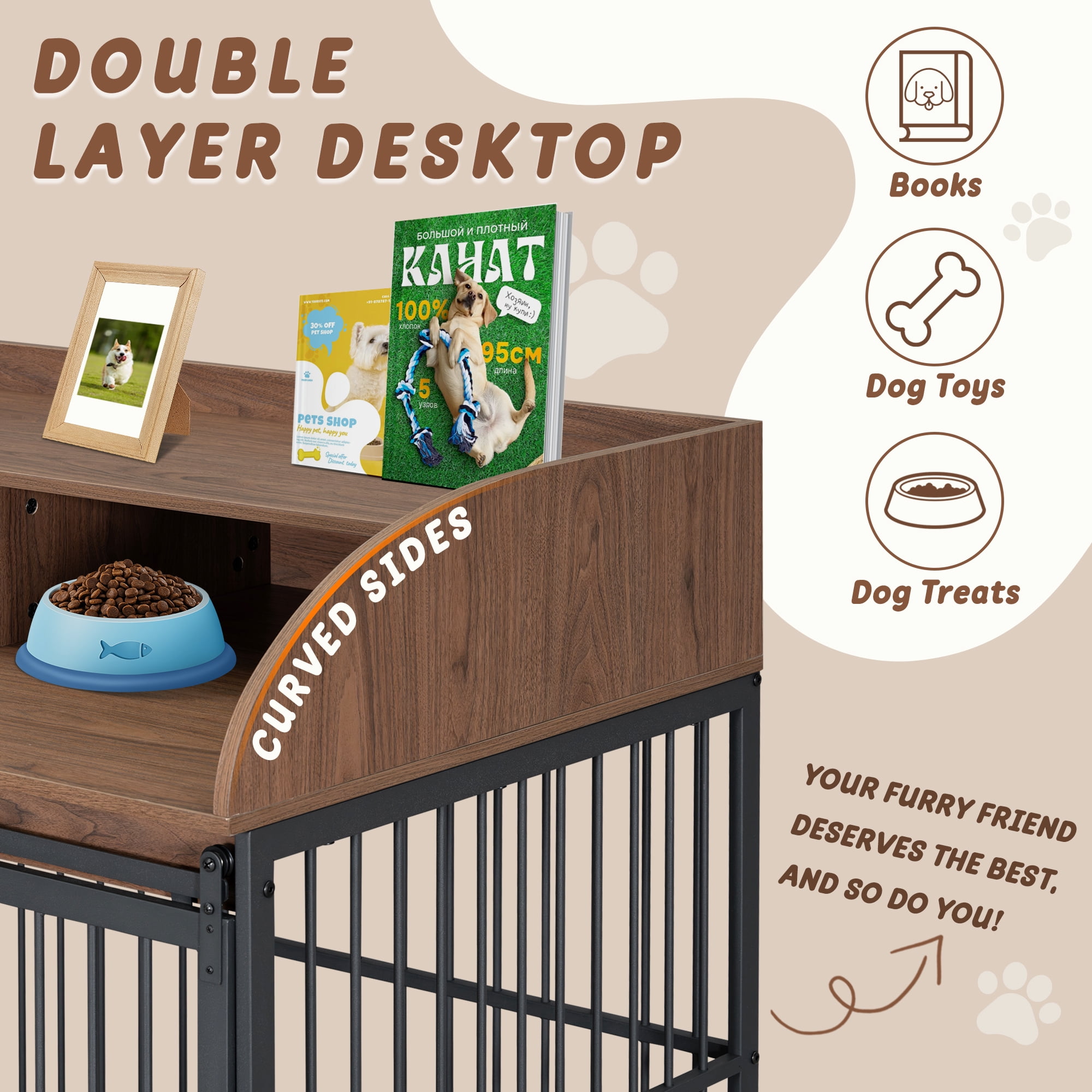 44'' Heavy Duty Large Dog Crate for Large Medium Dog with Lockable Wheels, Wooden Dog Crate Dog Kennel, End Table Crate with Double Layer Storage