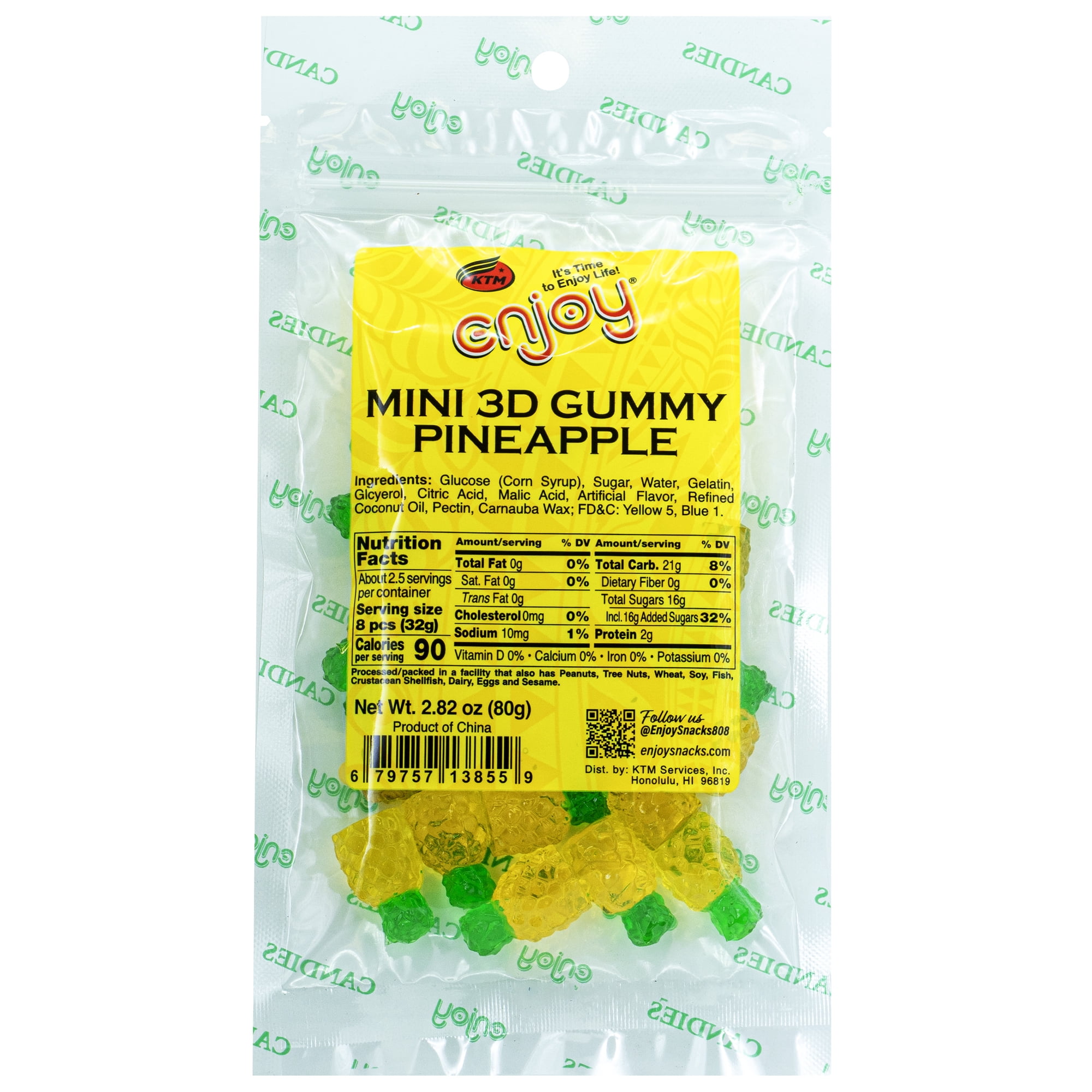 Enjoy 3D Gummy Pineapple (2.82 oz), Resealable Bag, Contains No Allergens, Gummy Candy