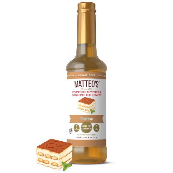 Matteo's Sirop Aromatisant Sans Sucre pour Café, Tiramisu, Délicieux Sirop de Café, 0 Calories, 0 Sucre, Compatible Keto (750mL, Bouteille Unique)