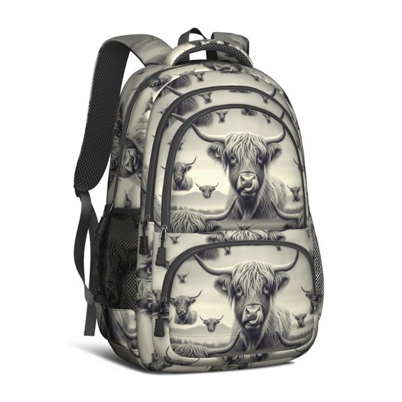 Highland Cow and Calf Print Backpack for School, Cute School Bag with Adjustable Shoulder Straps and Padded Back, 16.9"x12.6"x5.9"