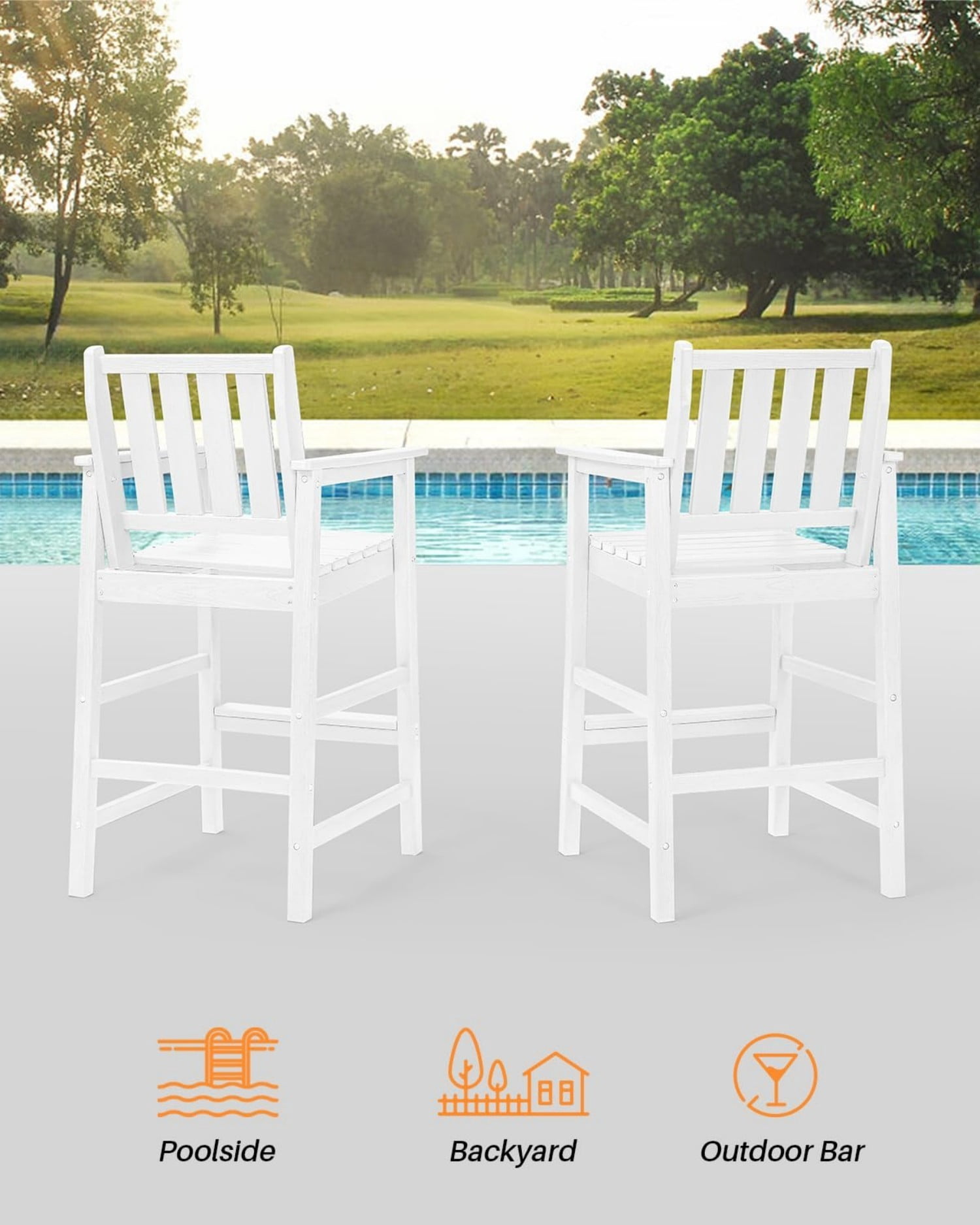 Adirondack Bar Chair Set of 2, HDPE Outdoor Bar Stools with Footrest, All Weather Adirondack Bar Height Chairs for Patio, Balcony, Porch, Deck, Poolside, Pearl
