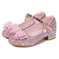 thumbnail image 4 of Ticikt Girls Dress Shoes Glitter Princess Shoe Flower Mary Jane Low Heels Party Wedding Prom Footwear for Toddler Kids,Color:Pink, 4 of 5