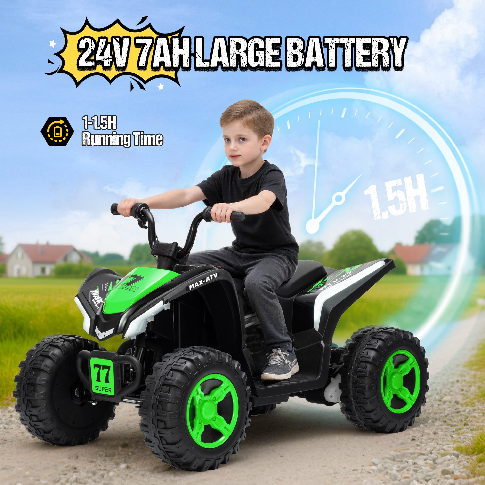 Kids ATV 4 Wheeler, Two Seater 24V Ride On Toy for Big Kid w/Unique LED Light, Music, Wireless, Story, 24 Volt Ride on Car Electric Quad for Boys Girls, Green