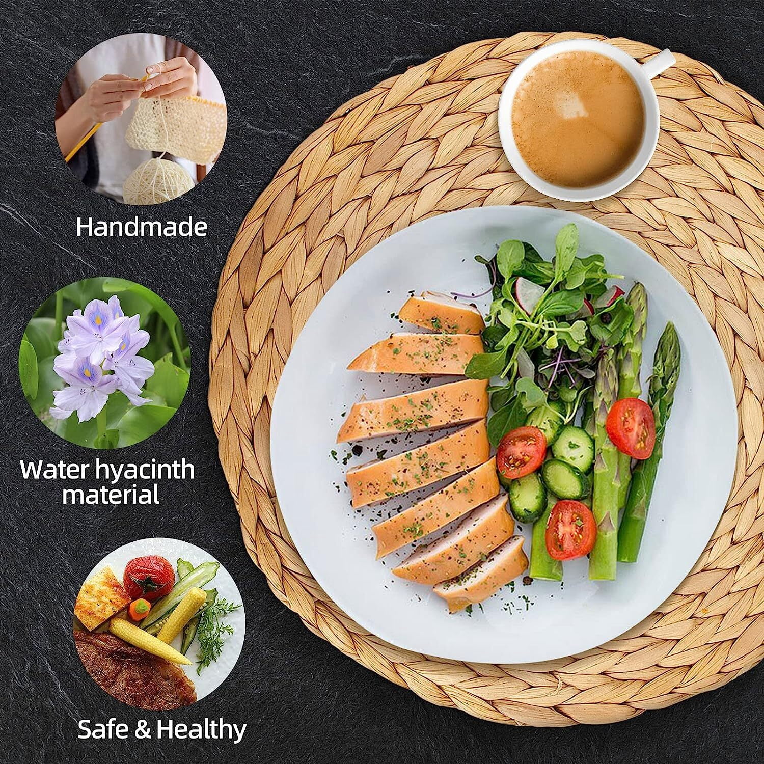 Round Placemats Set of 8 Rattan Placemats Woven Placemats 12 Inch Natural Hyacinth Wicker Placemats Farmhouse Boho Circle Braided Heat Resistant Outdoor Placemats Patio Table Place Mats