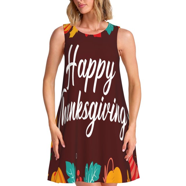 Fotbe Happy Thanksgiving Vestido de Verano sin Mangas para Mujer – Vestido Midi Línea A, Estilo Camiseta Floral, Vestido Playero Casual y Fluido