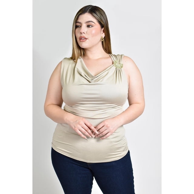 Blusa satinada con broche Roman Fashion /Tallas Extras, 1914 (Beige) beige 42