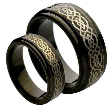 - For Him & Her 8MM & 6MM Tungsten Carbide Black Laser Etched Celtic Design Wedding Band Ring Set